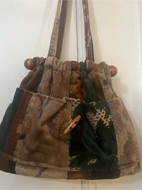 Handmade Patchwork Velvet Drawstring Hobo Bag in Brown and Dark Green